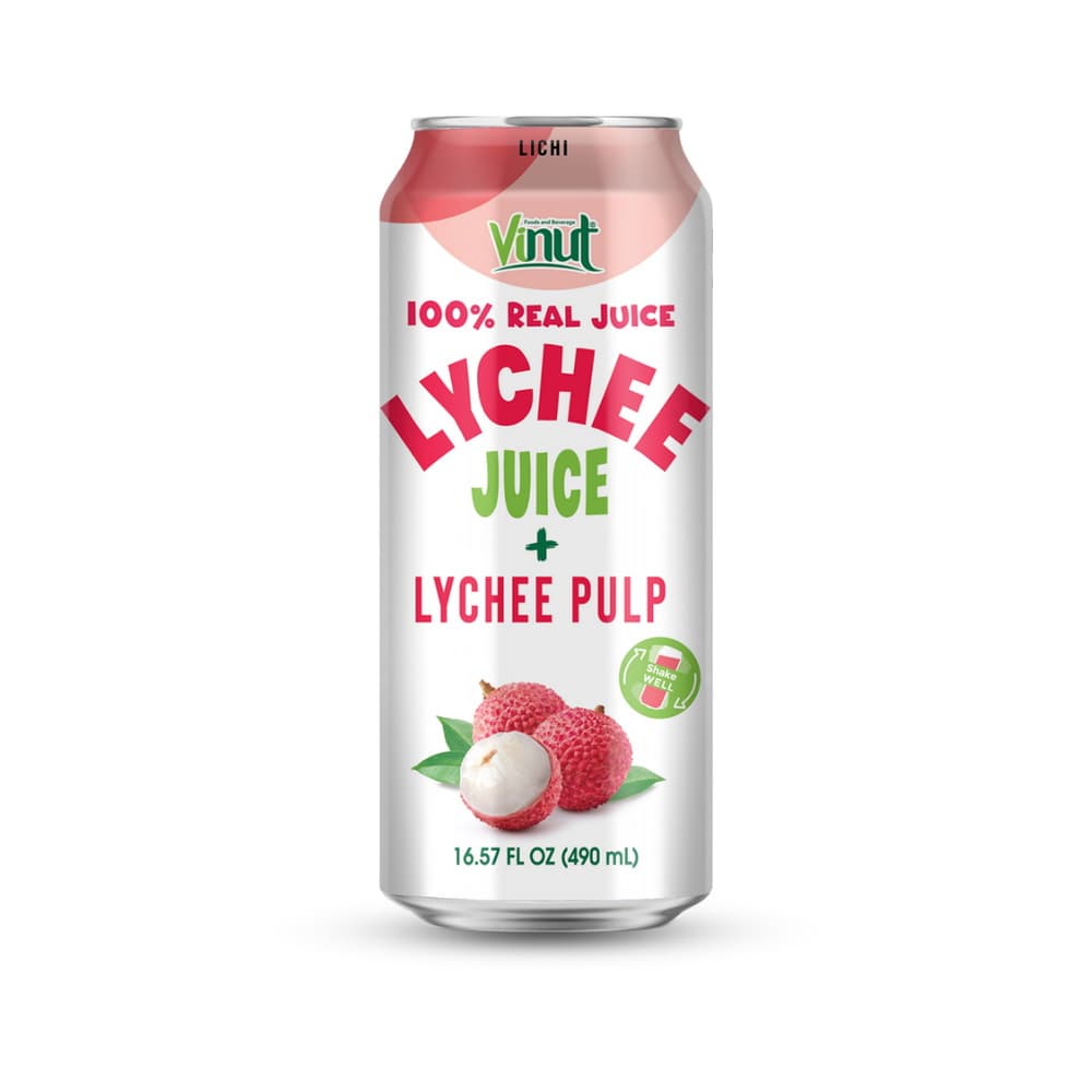 VINUT 100% Echt Sap Lycheesap + Lycheevruchtvlees, Slim Can, 490 mL (16.57 fl oz)