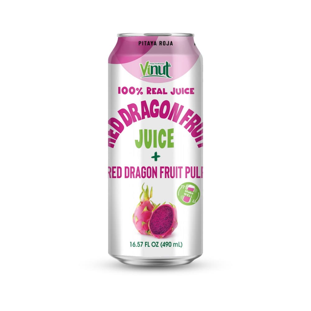 VINUT 100% Echt Sap Rode Drakenvruchtensap + Rode Drakenvruchtvlees, Slim Can, 490 mL (16.57 fl oz)