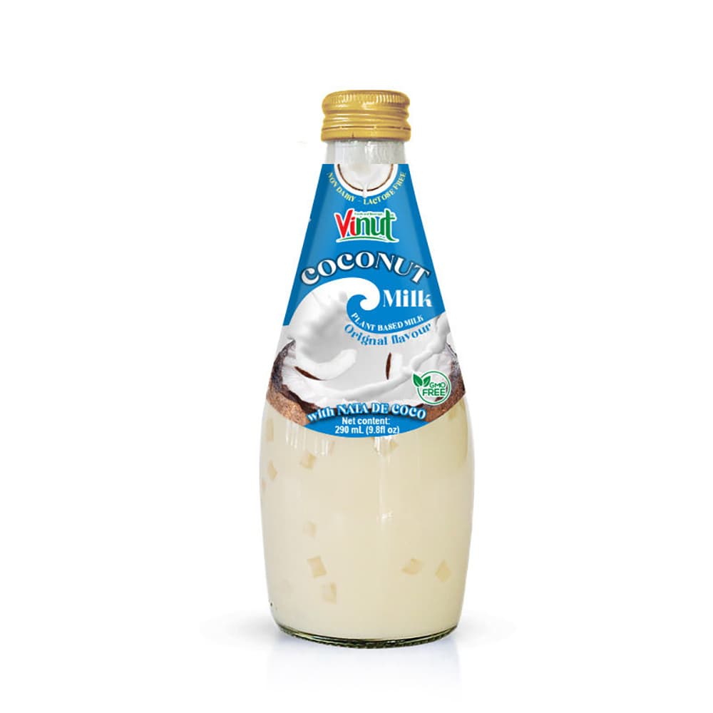 VINUT Kokosmelk, Originele Smaak, Plantaardig, met Nata De Coco, 290 ml Glazen Fles