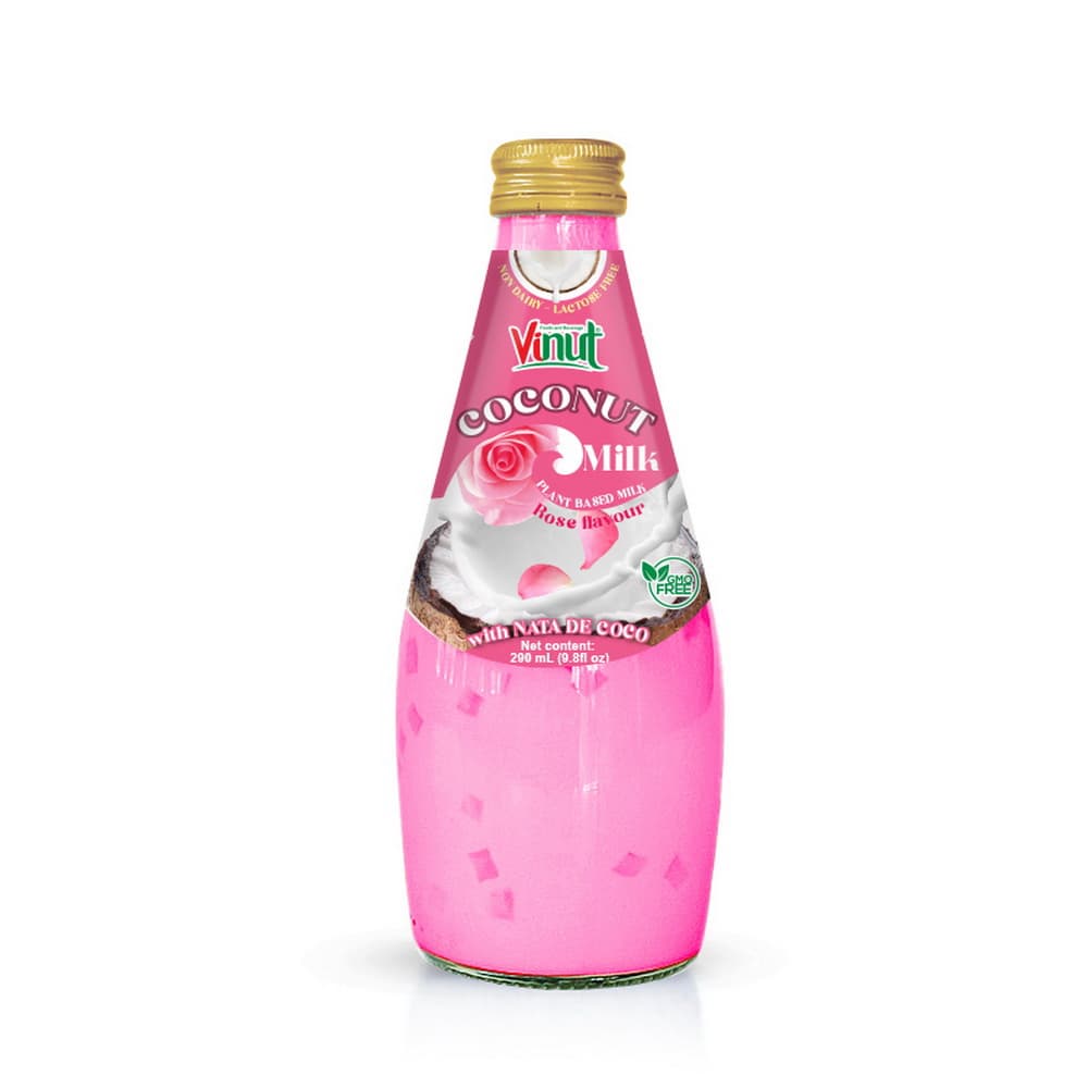 VINUT Kokosmelk, Rozensmaak, Plantaardig, met Nata De Coco, 290 ml Glazen Fles