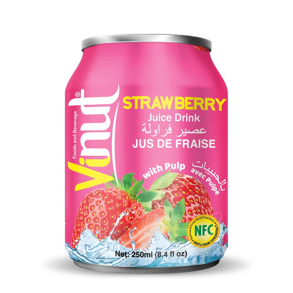VINUT Aardbei Vruchtensap Drank met Vruchtvlees, 250 ml blik